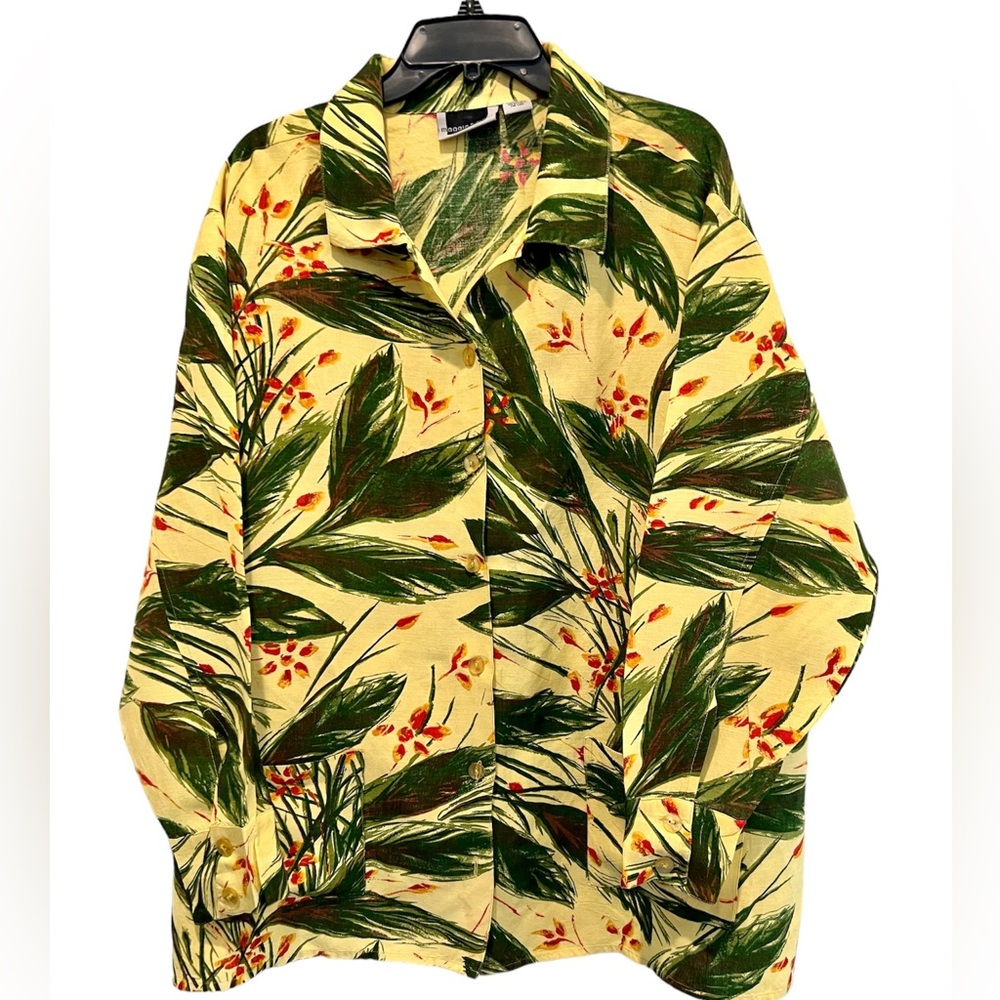Topical Floral Hawaiian Print Linen Blend Button Front Shirt Jacket Shacket 24W